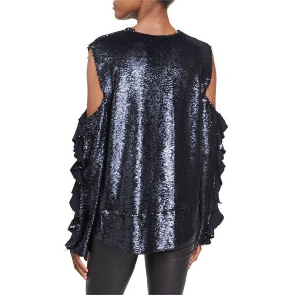 EUC IRO black & silver double faced sequin cold shoulder ruffle sleeve top - Picture 8 of 16
